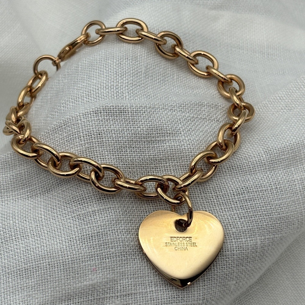 Vintage Heart Charm Chain Bracelet Rose Gold Tone Signed Edforce 7.5"